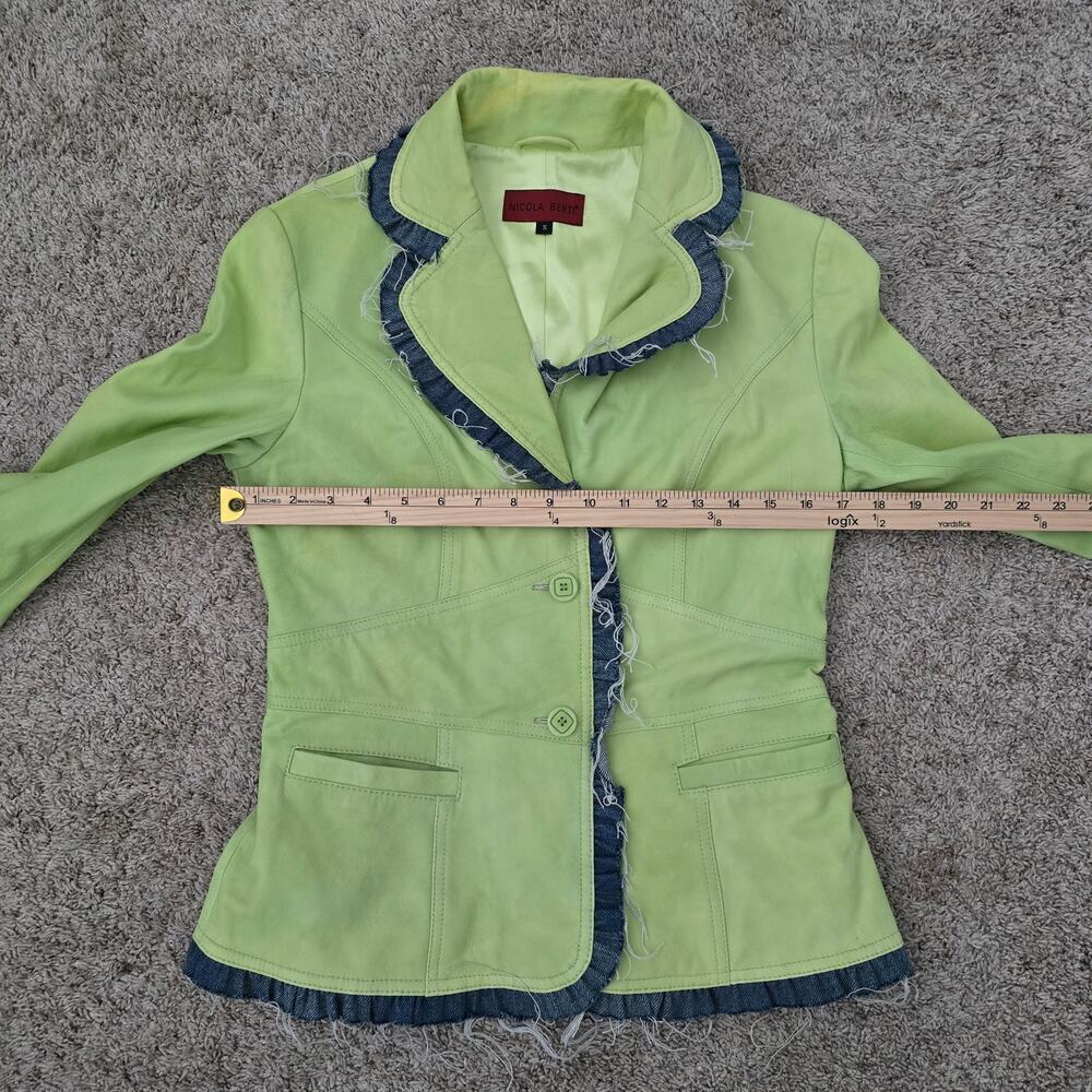 Nicola Berti Italian Leather Jacket Sz M Green Distressed Denim Trim Boho Artsy - Picture 6 of 11